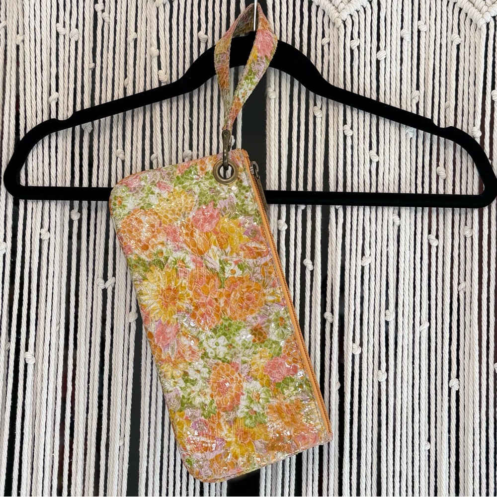 HOBO Special Edition Floral Snake Skin Leather Wristlet with Brass Hardware.